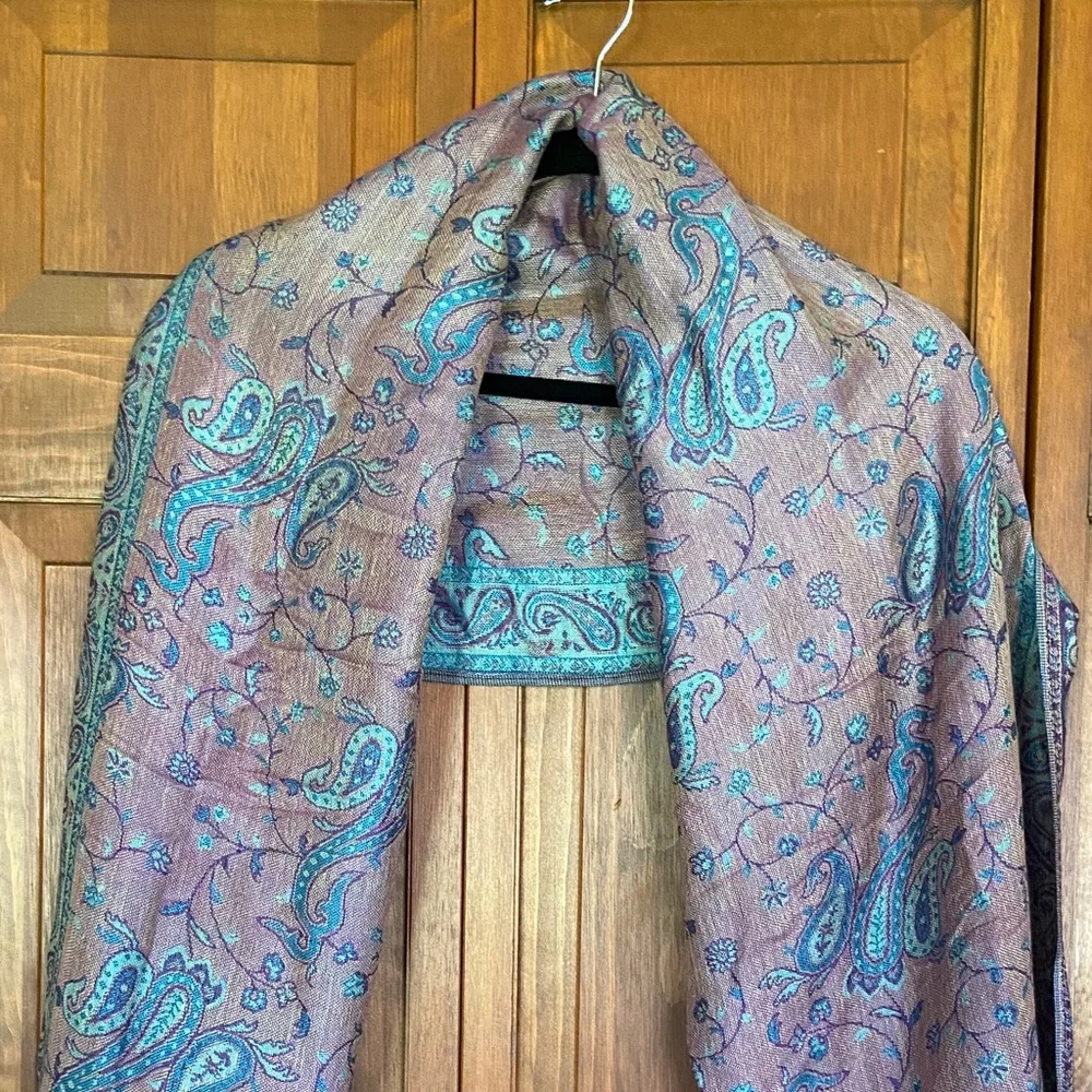 Paisley Print Scarf/Wrap With Gold Fringe ~ Teal, Purple and Brown - Picture 8 of 9